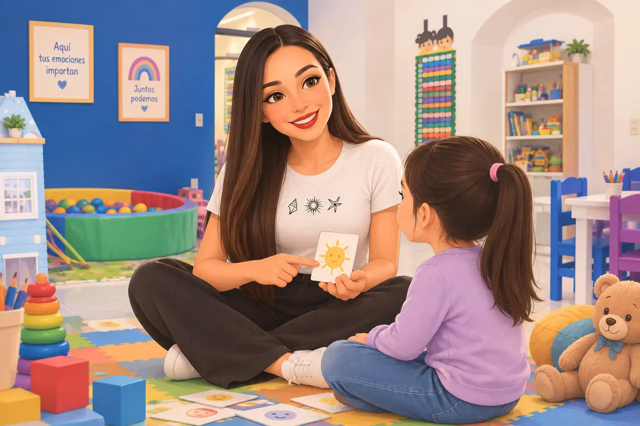 Neuropsicóloga infantil acompañando a una niña durante una sesión de juego en el consultorio NeuroKids
